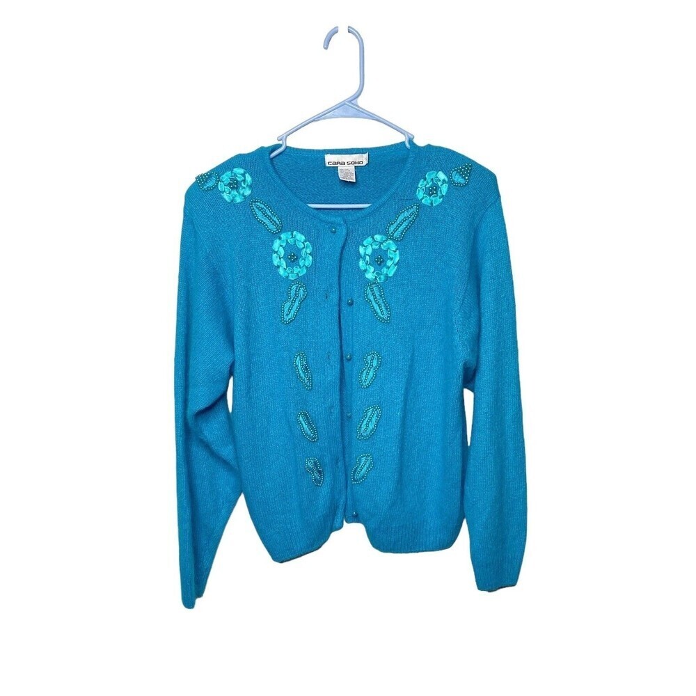 cara soho Vintage 90s small Cardigan Sweater Beaded  blue silk Angora lambs wool